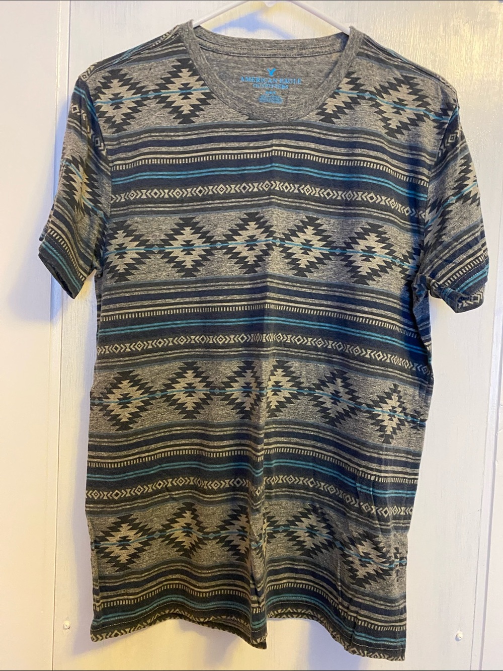 American Eagle Outfitters Gray and Teal Aztec Stripe Crew Tee